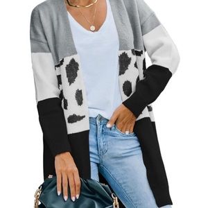 New Colorblock Black, Gray & White Cow Print Open Front Cardigan Sweater, Small